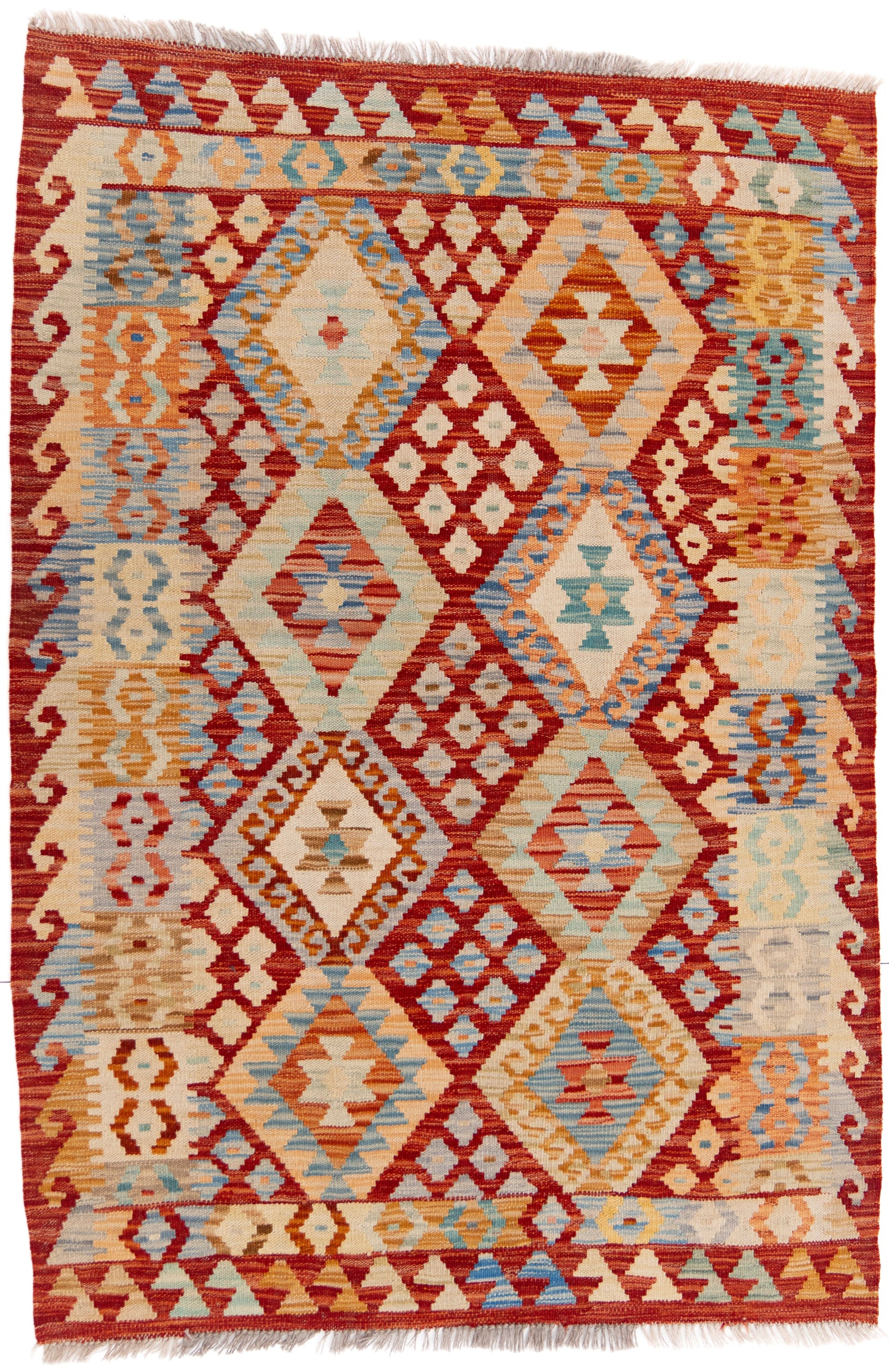 Multicoloured Red Kilim Carpet with Bright Geometric Shapes