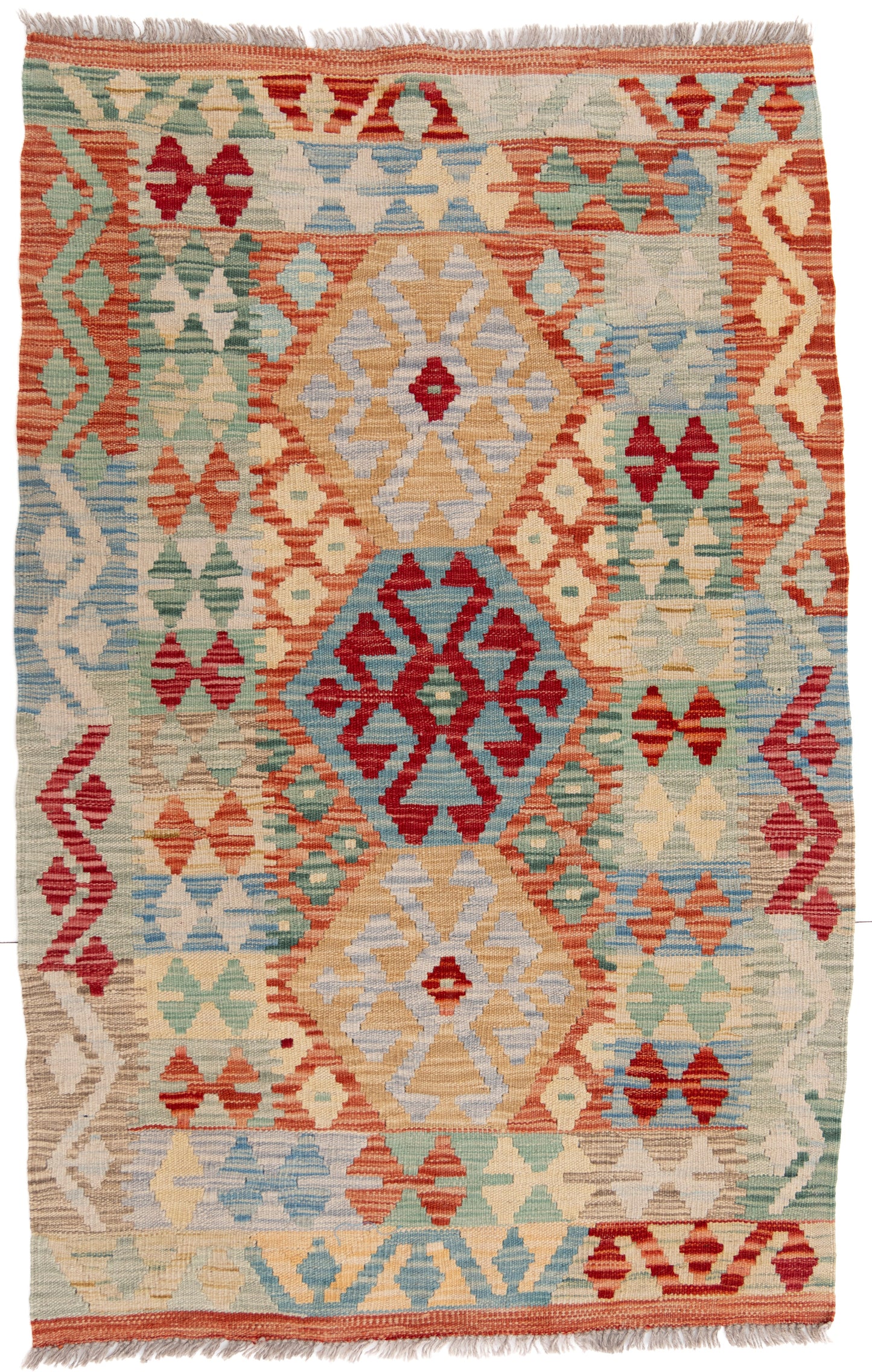 Multicoloured Orange Kilim Carpet with Bright Geometric Shapes