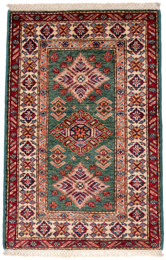 Green Kazak Carpet with Red, Cream & Orange Borders