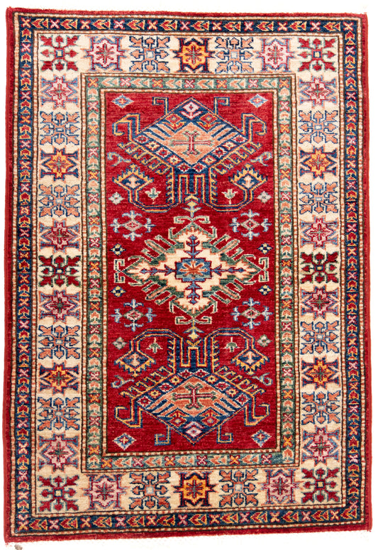 Red Kazak Carpet with Blue, Cream & Green Borders