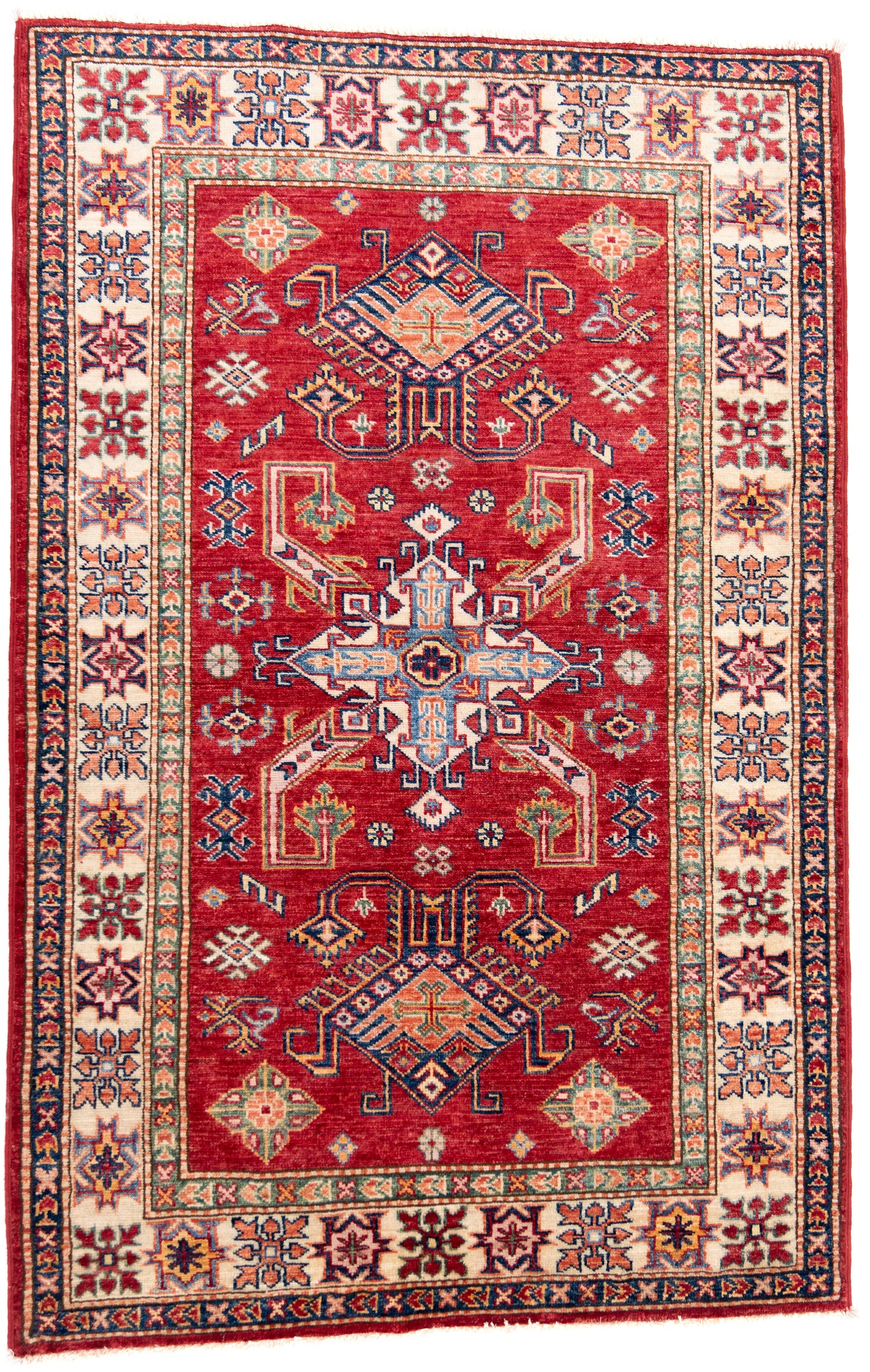 Red Kazak Carpet with Blue, Cream & Green Borders