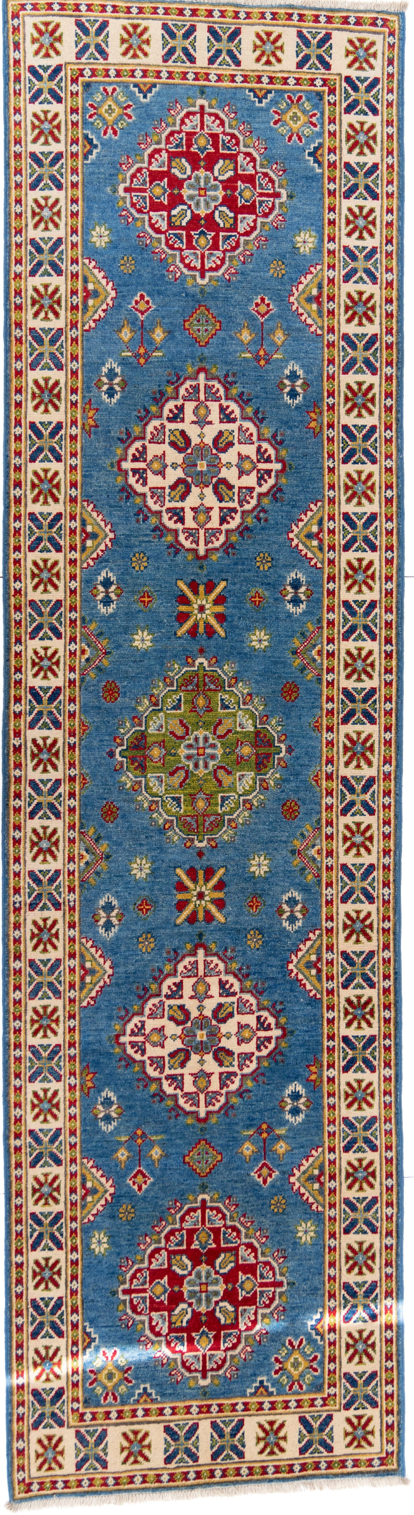Blue Kazak Runner Carpet with Cream Border