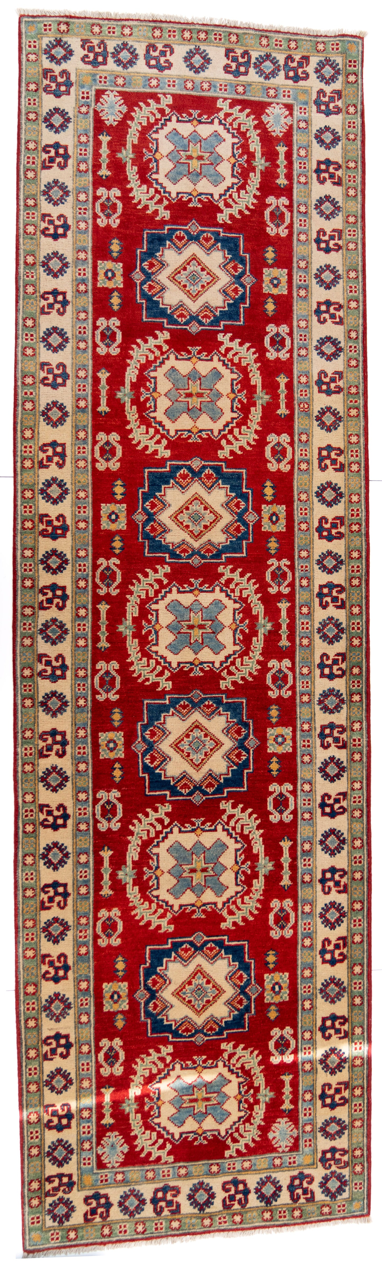 Red Kazak Runner Carpet with Green, Cream & Blue Borders