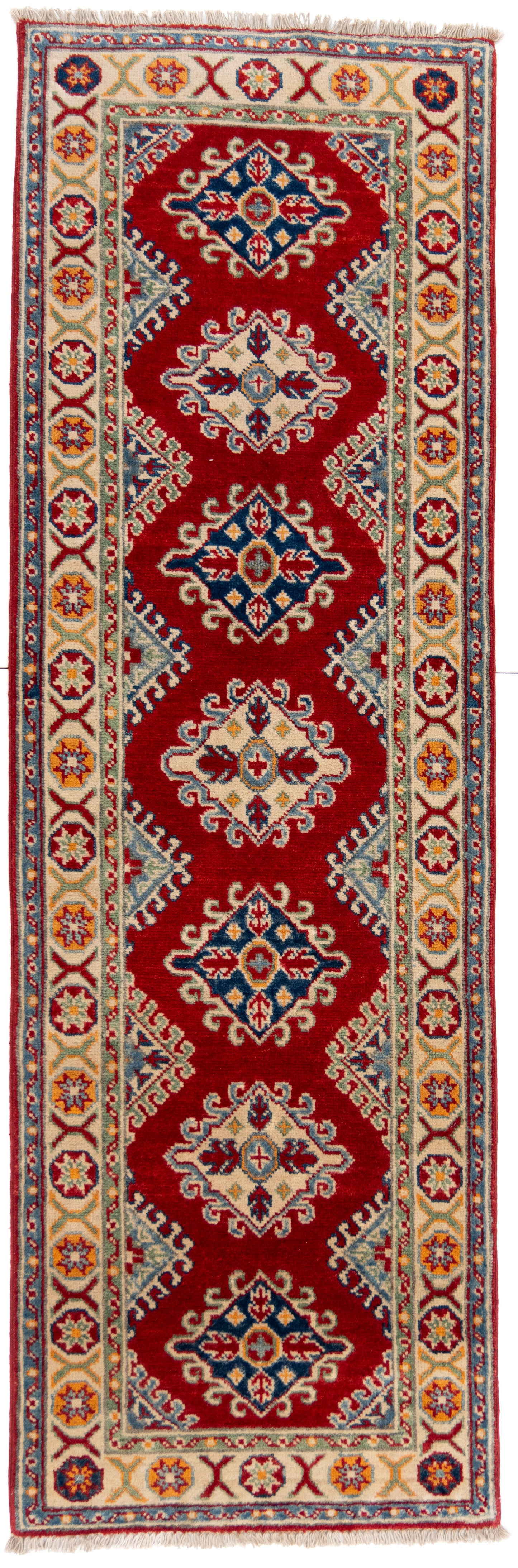 Red Kazak Runner Carpet with Blue, Cream and Green Borders