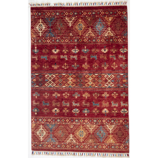 Red Ariana Carpet depicting Animals with Multicoloured Tassels