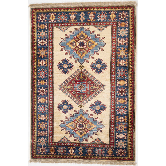 Cream Kazak Carpet with Blue & Red Borders