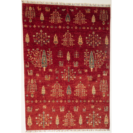 Red Ariana Carpet depicting Trees with Multicoloured Tassels