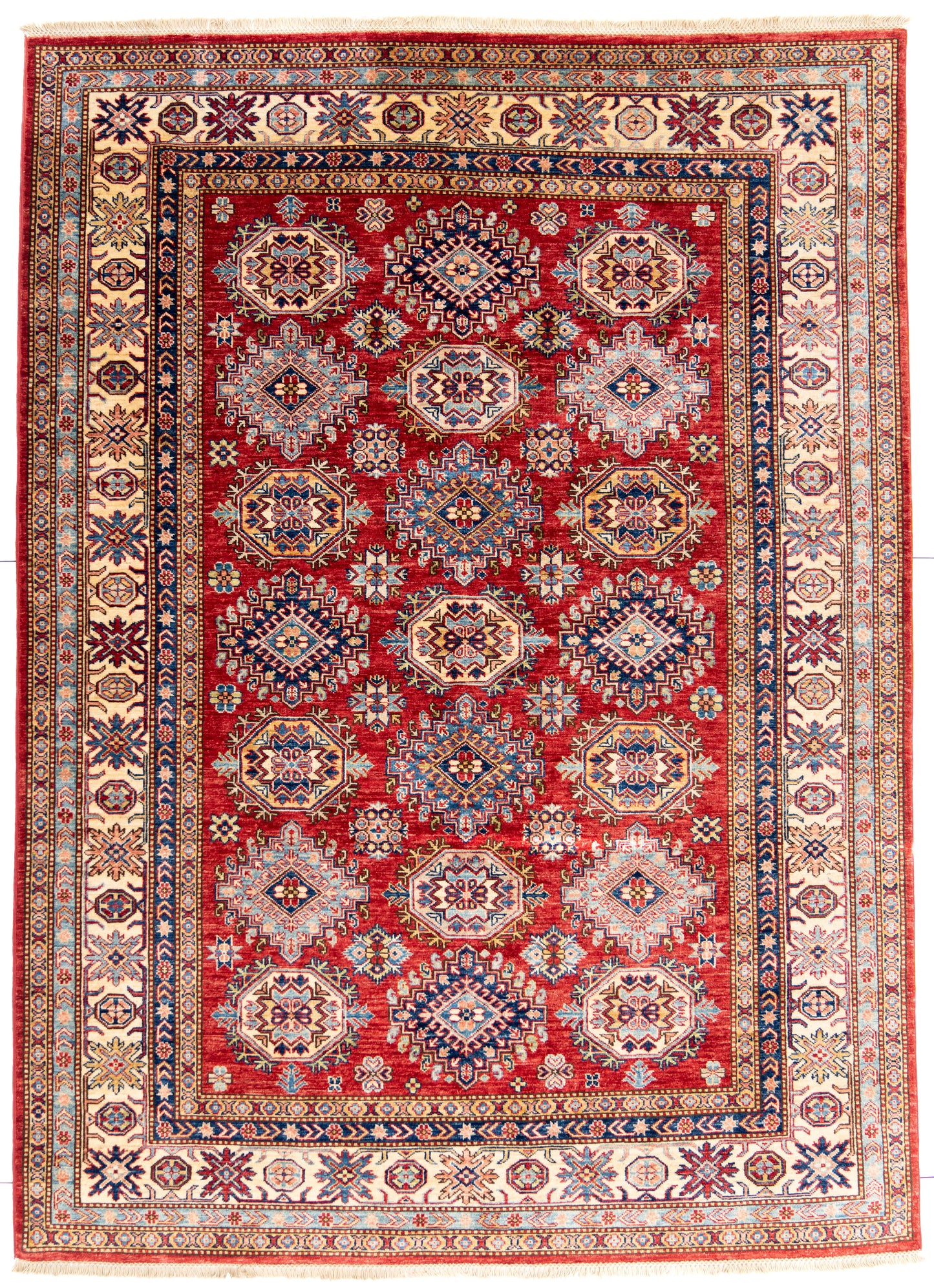 Red Kazak Carpet with Blue & Cream Borders