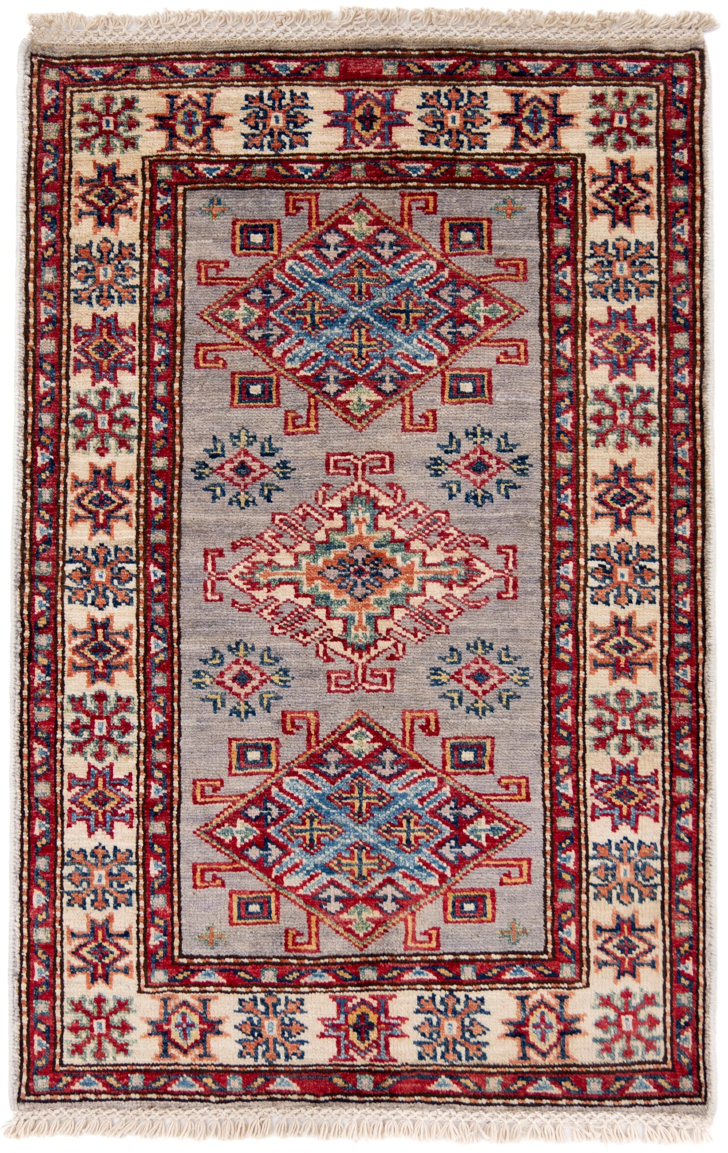 Grey Kazak Carpet with Cream Border