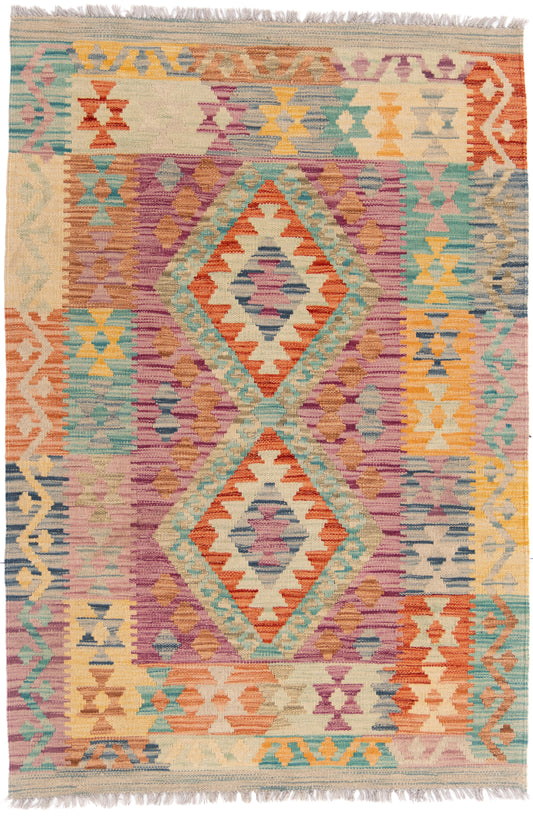 Multicoloured Kilim Carpet with Bright Geometric Shapes