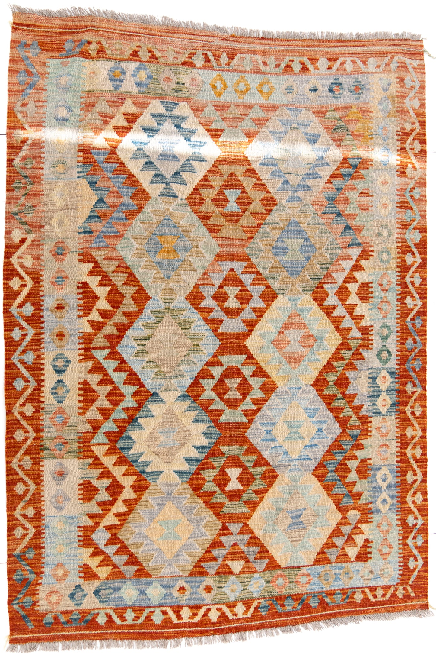 Multicoloured Orange Kilim Carpet with Bright Geometric Shapes