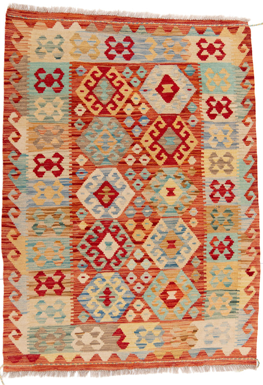 Multicoloured Red/Orange Kilim Carpet with Bright Geometric Shapes