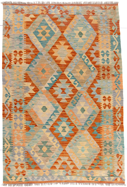 Multicoloured Orange Kilim Carpet with Bright Geometric Shapes