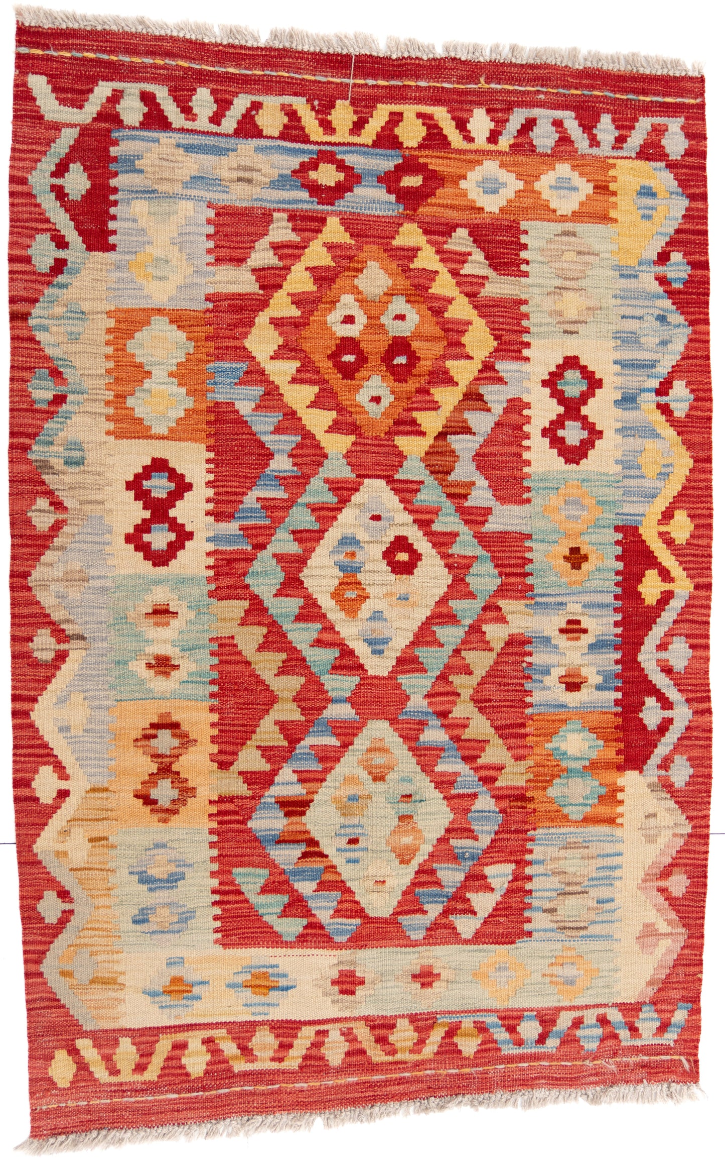 Multicoloured Red Kilim Carpet with Bright Geometric Shapes