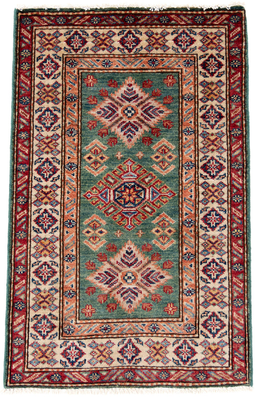 Green Kazak Carpet with Red, Cream & Orange Borders