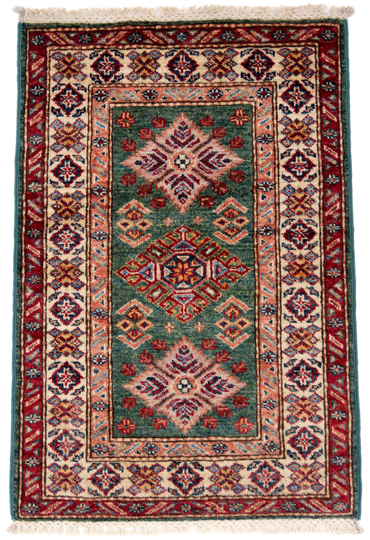 Green Kazak Carpet with Red, Cream & Orange Borders