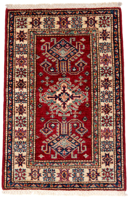 Red Kazak Carpet with Blue, Cream & Green Borders