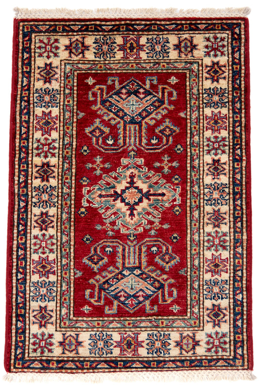 Red Kazak Carpet with Blue, Cream & Green Borders