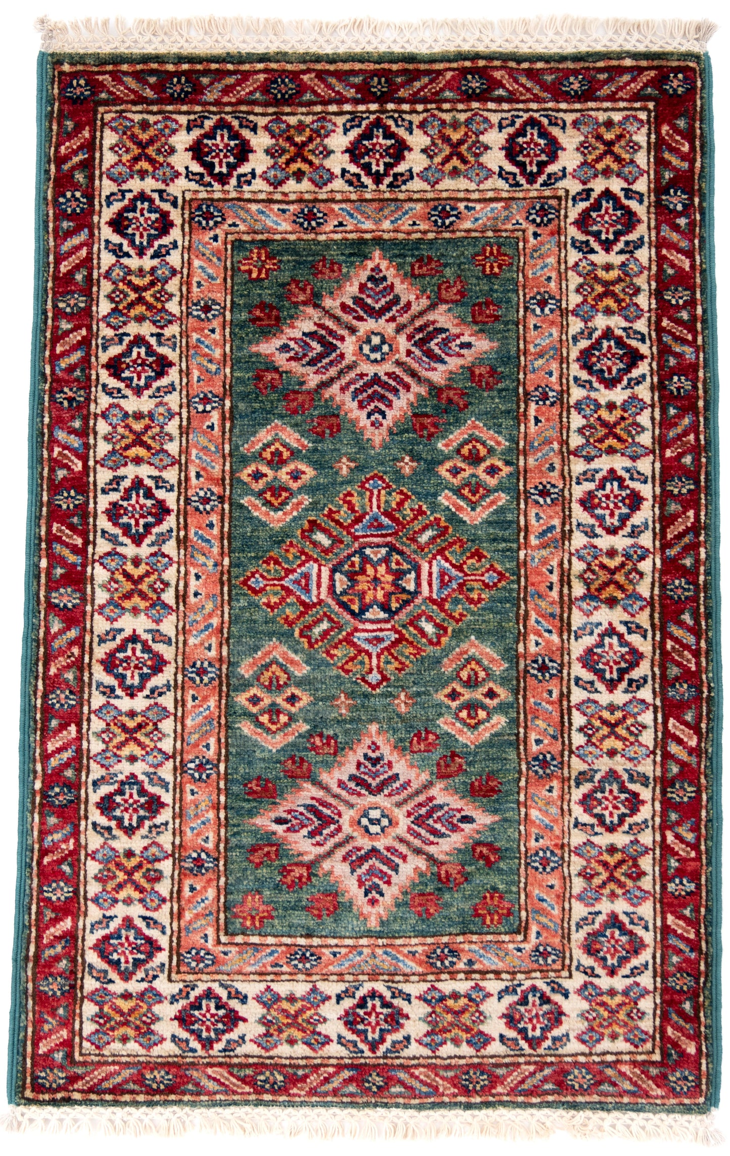 Green Kazak Carpet with Red, Cream & Orange Borders