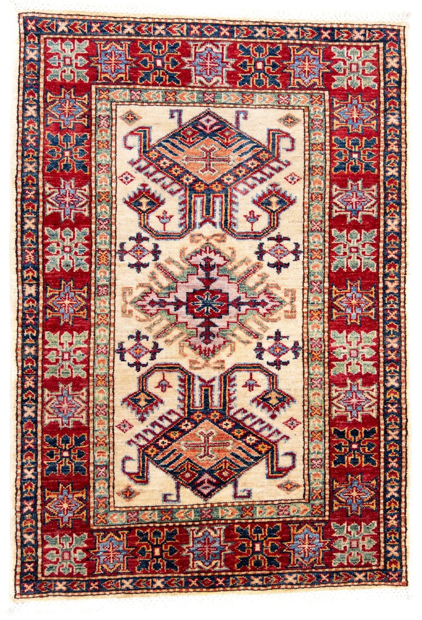 Cream Kazak Carpet with Blue, Red & Green Borders