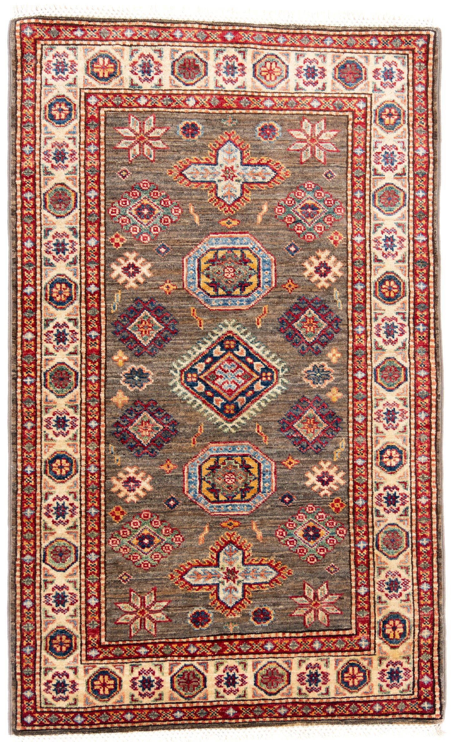Grey Kazak Carpet with Cream Border
