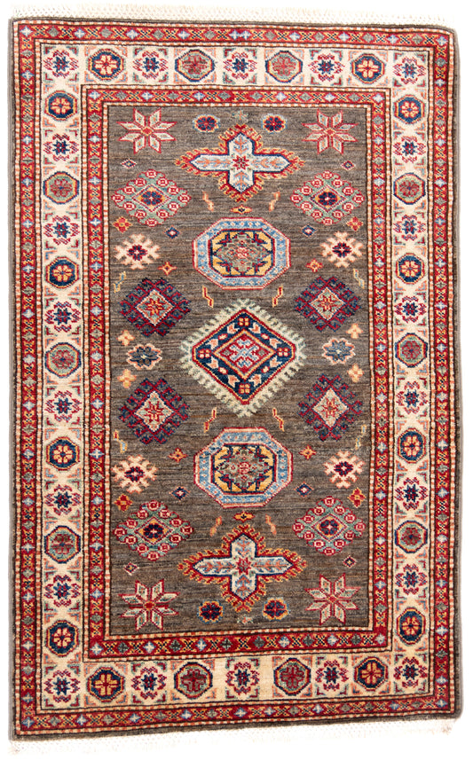 Grey Kazak Carpet with Cream Border
