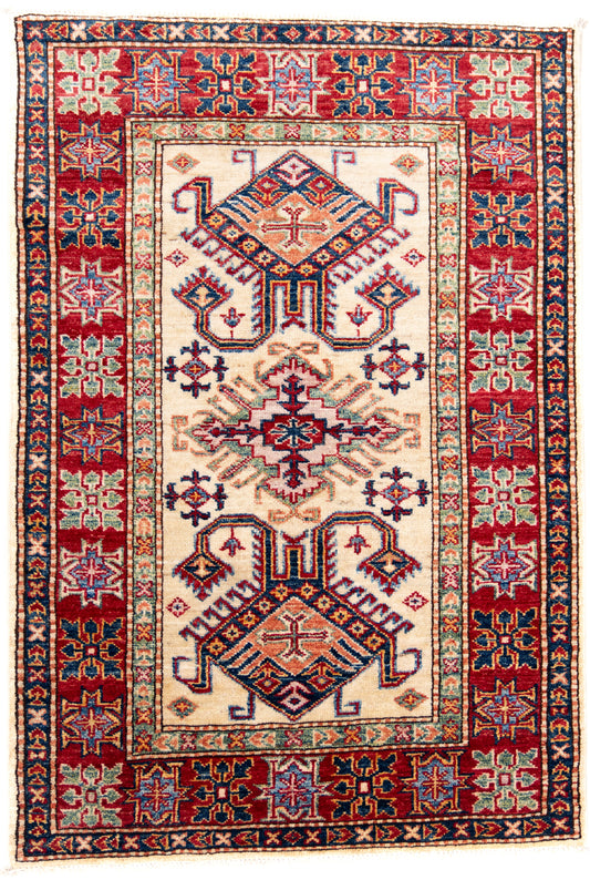 Cream Kazak Carpet with Blue, Red & Green Borders