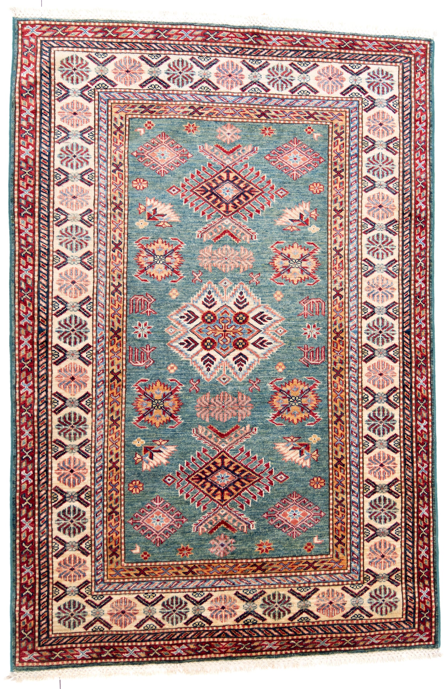 Green Kazak Carpet with Red, Black, Cream & Blue Borders