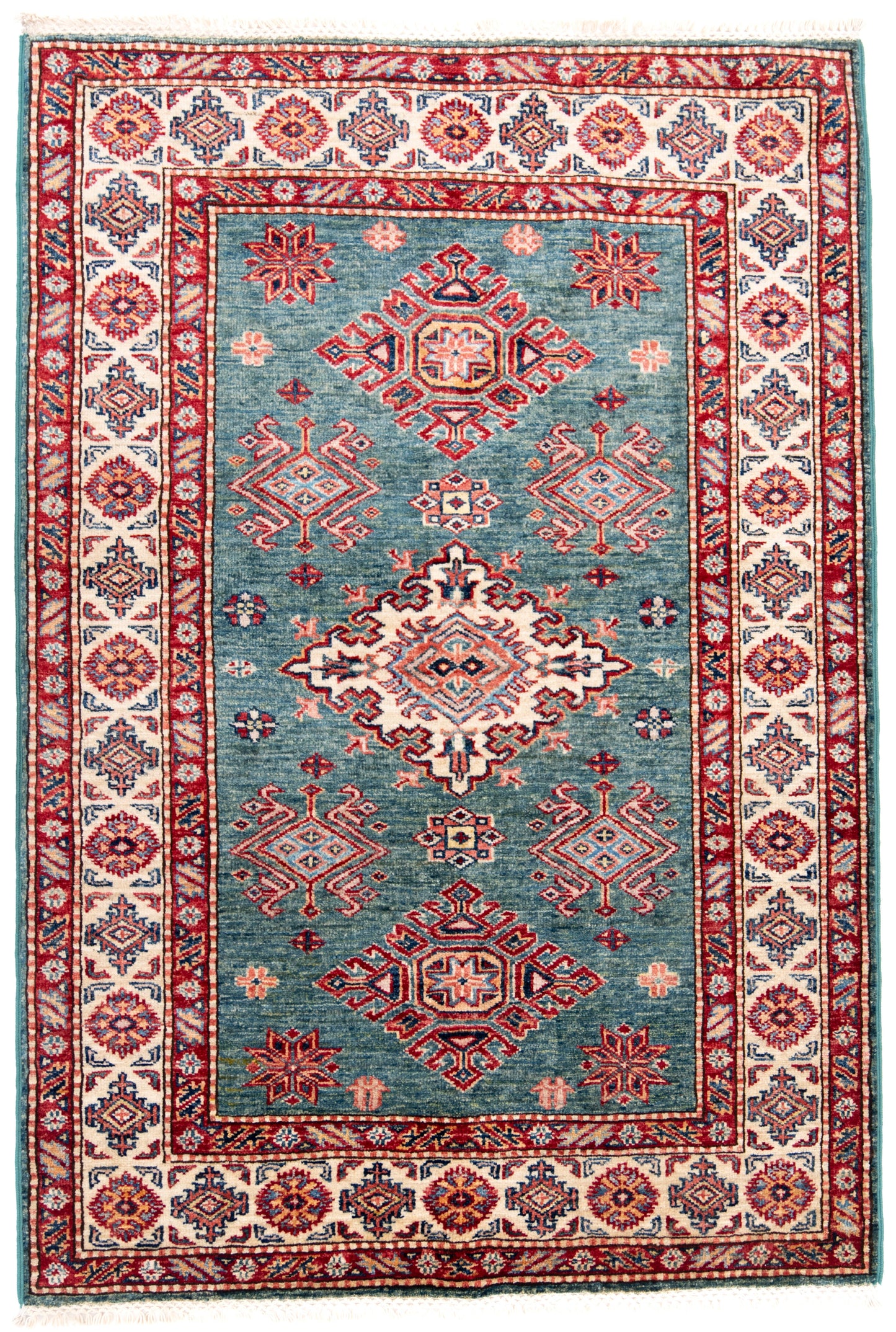 Green Kazak Carpet with Red & Cream Borders