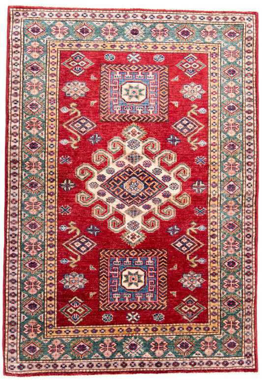 Red Kazak Carpet with Green & Cream Borders