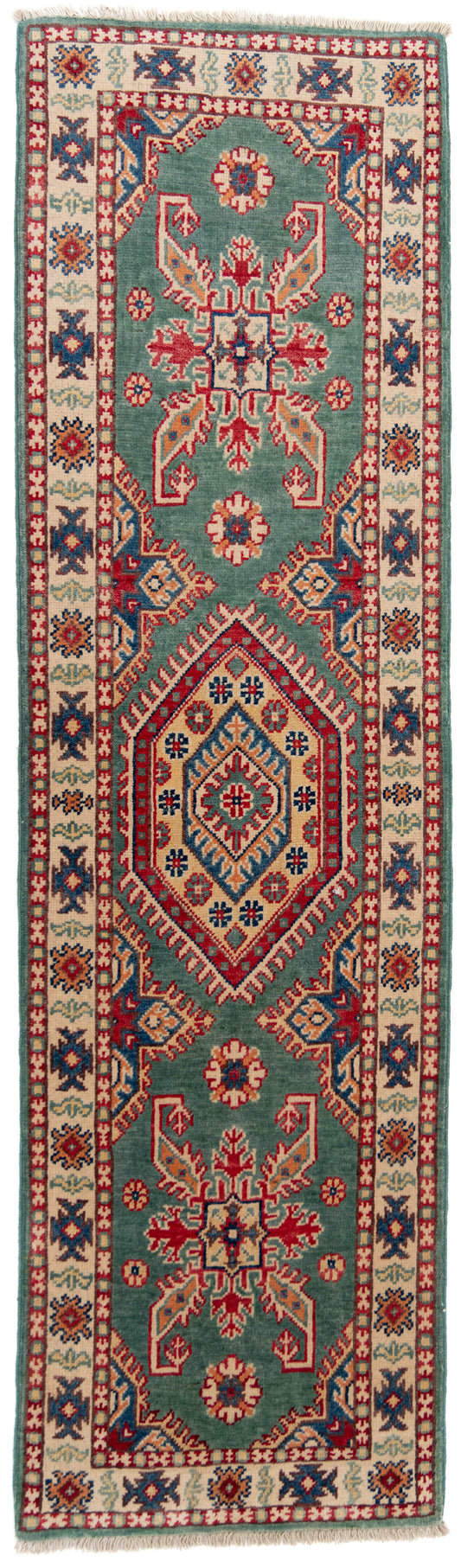 Green Kazak Runner Carpet with Cream Border