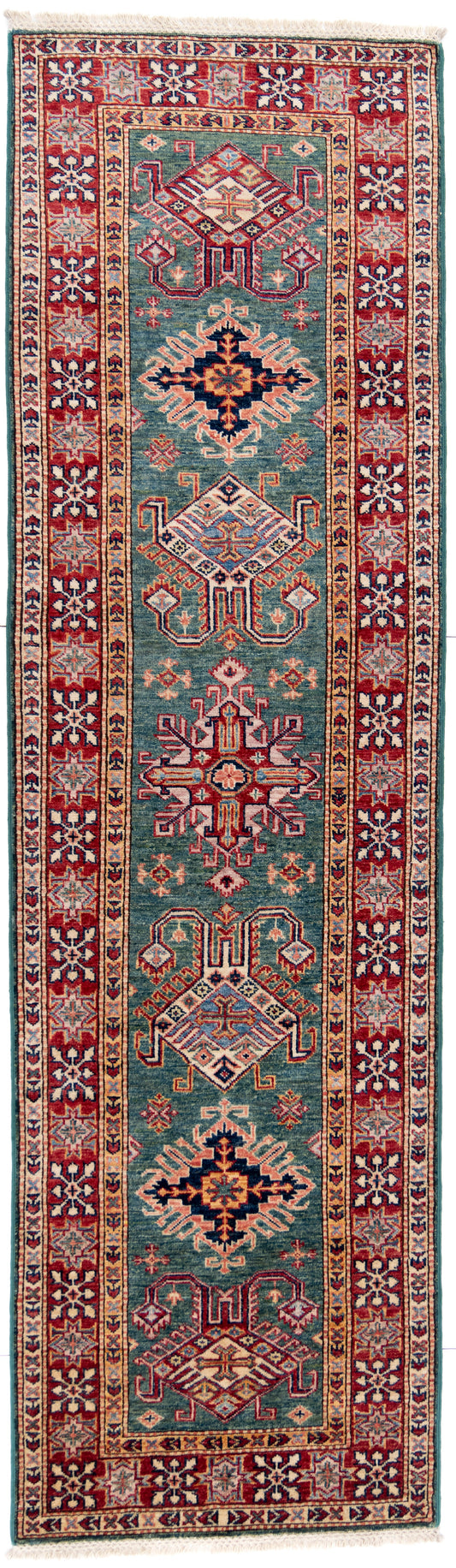 Green Kazak Runner Carpet with Cream & Red Borders