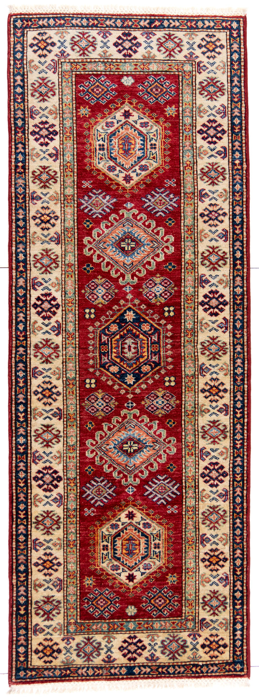 Red Kazak Runner Carpet with Blue, Cream and Green Borders