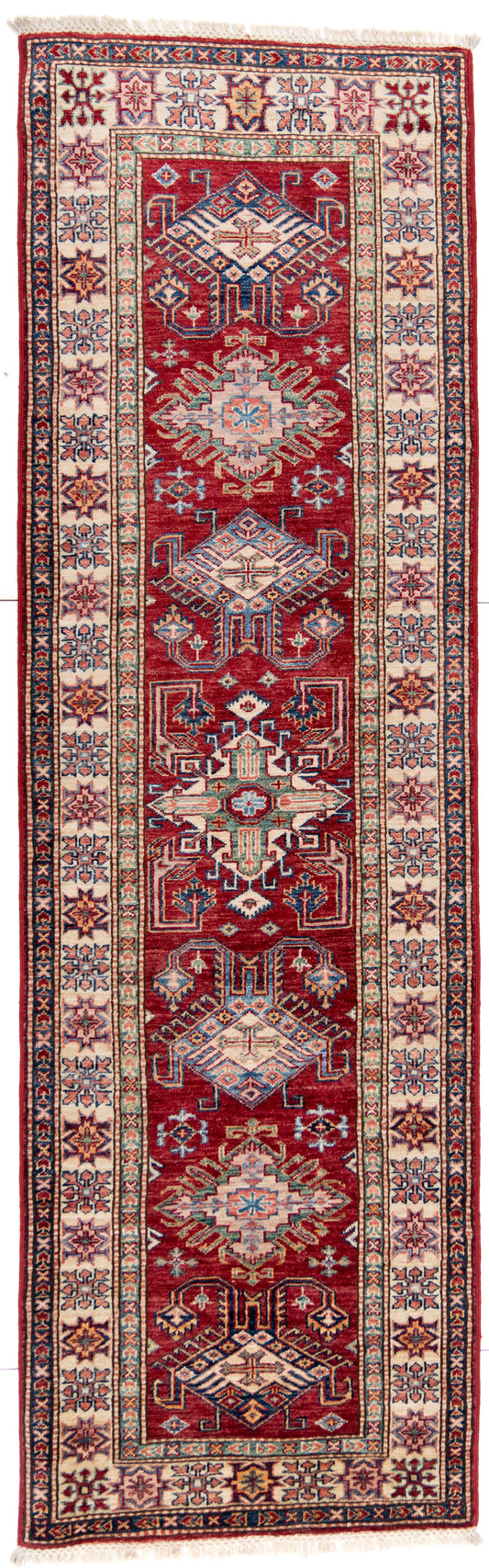 Red Kazak Runner Carpet with Blue, Cream and Green Borders