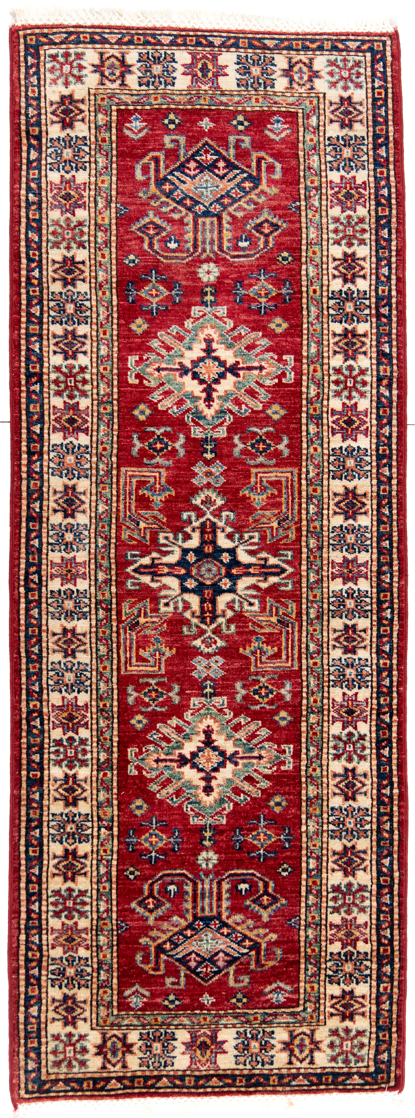 Red Kazak Runner Carpet with Blue, Cream and Green Borders
