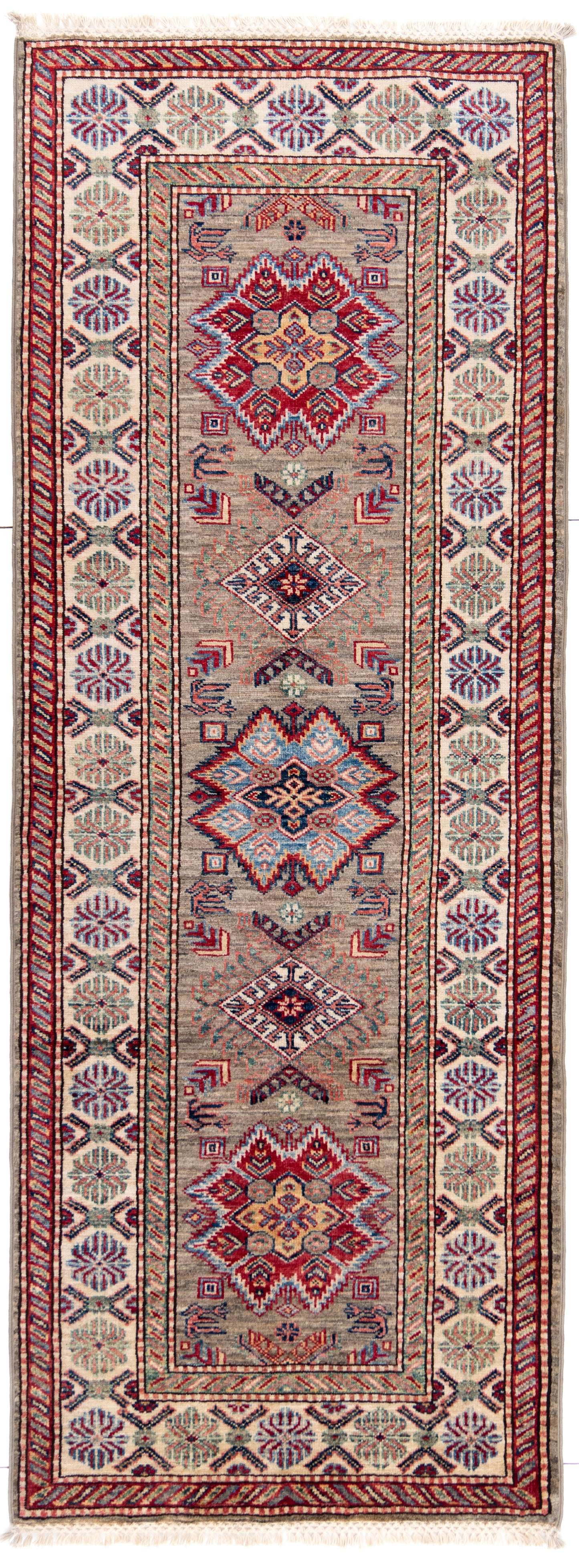 Grey Kazak Runner Carpet with Cream Border