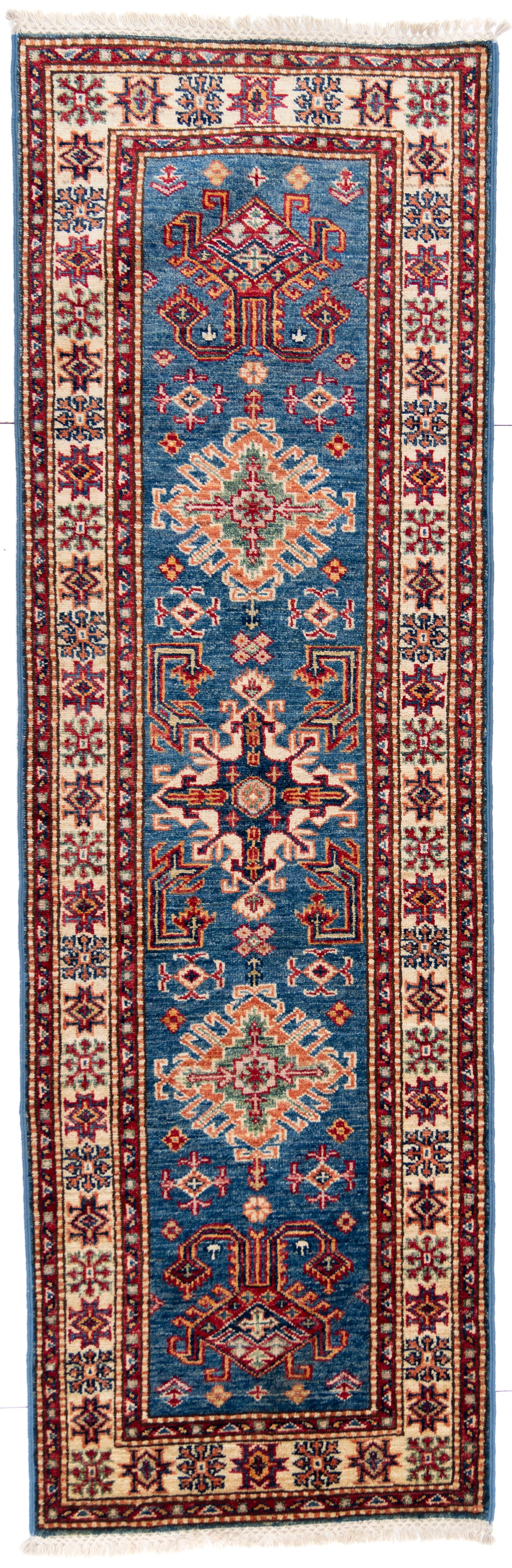 Blue Kazak Runner Carpet with Cream Border
