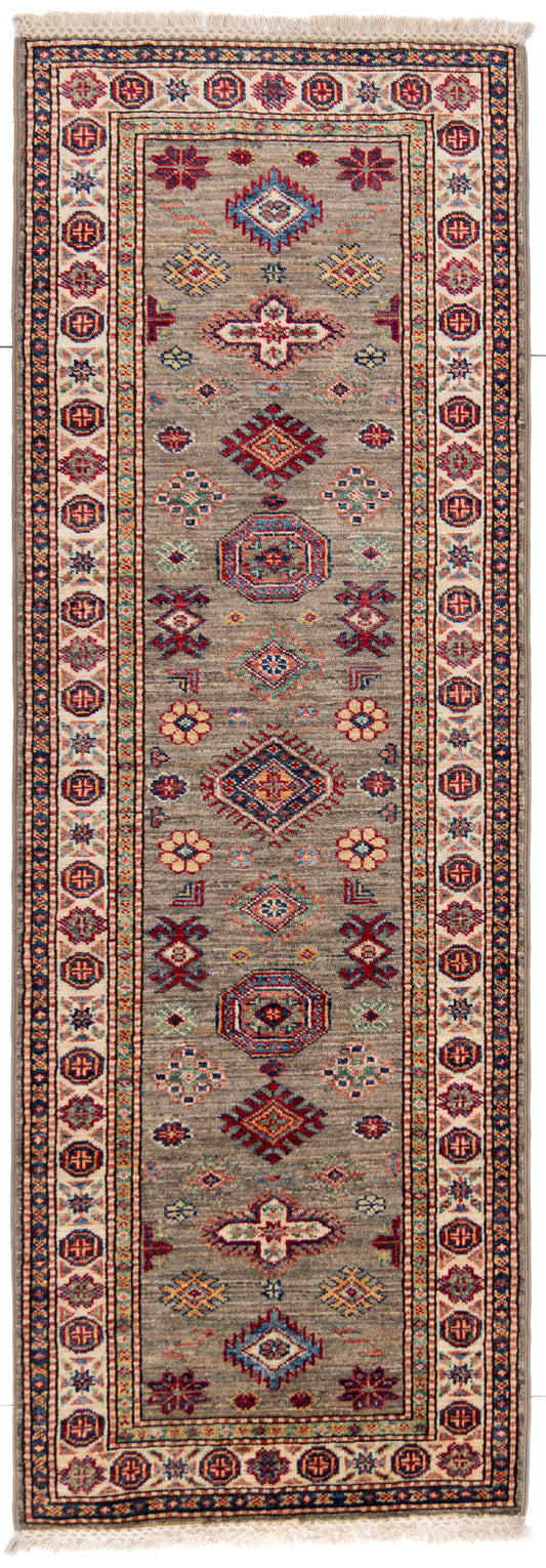 Grey Kazak Runner Carpet with Blue, Cream & Green Borders