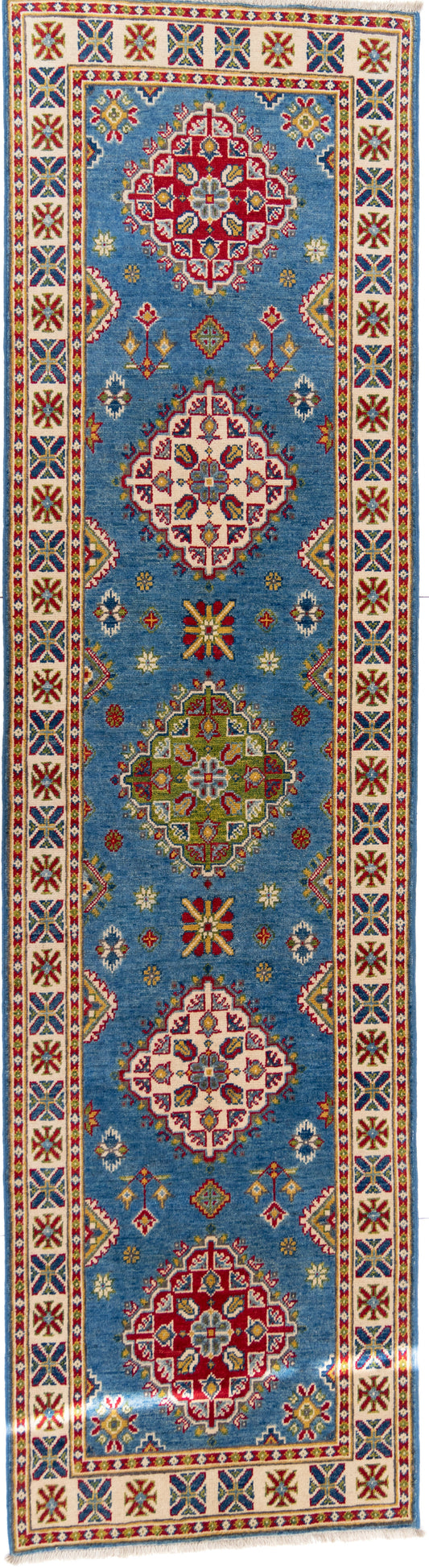 Blue Kazak Runner Carpet with Cream Border