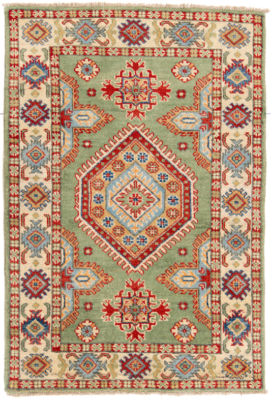 Green Kazak Carpet with Cream Border