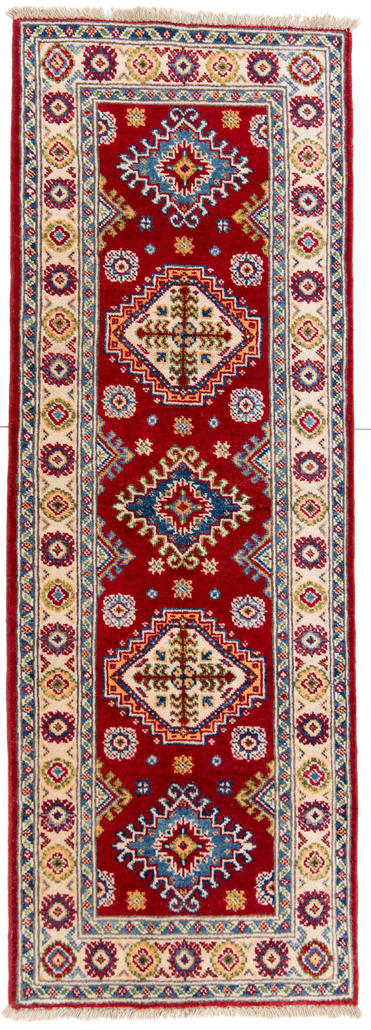 Red Kazak Runner Carpet with Blue & Cream Borders