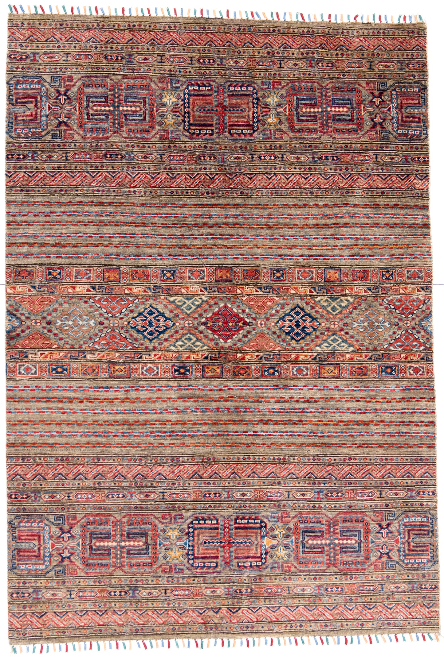 Stripy Grey Ariana Rubin Carpet with Multicoloured Tassels