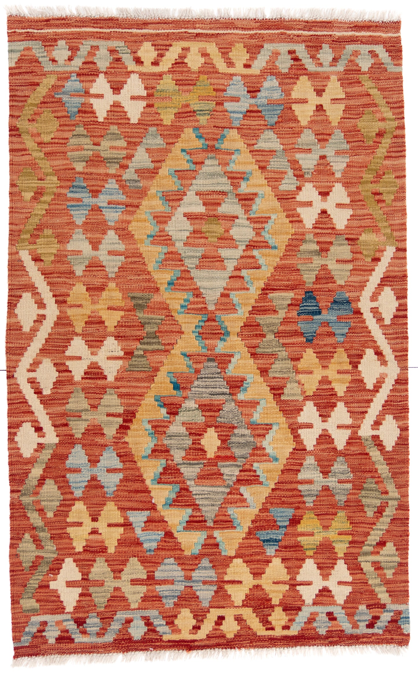 Orange Kilim Carpet with Bright Geometric Shapes