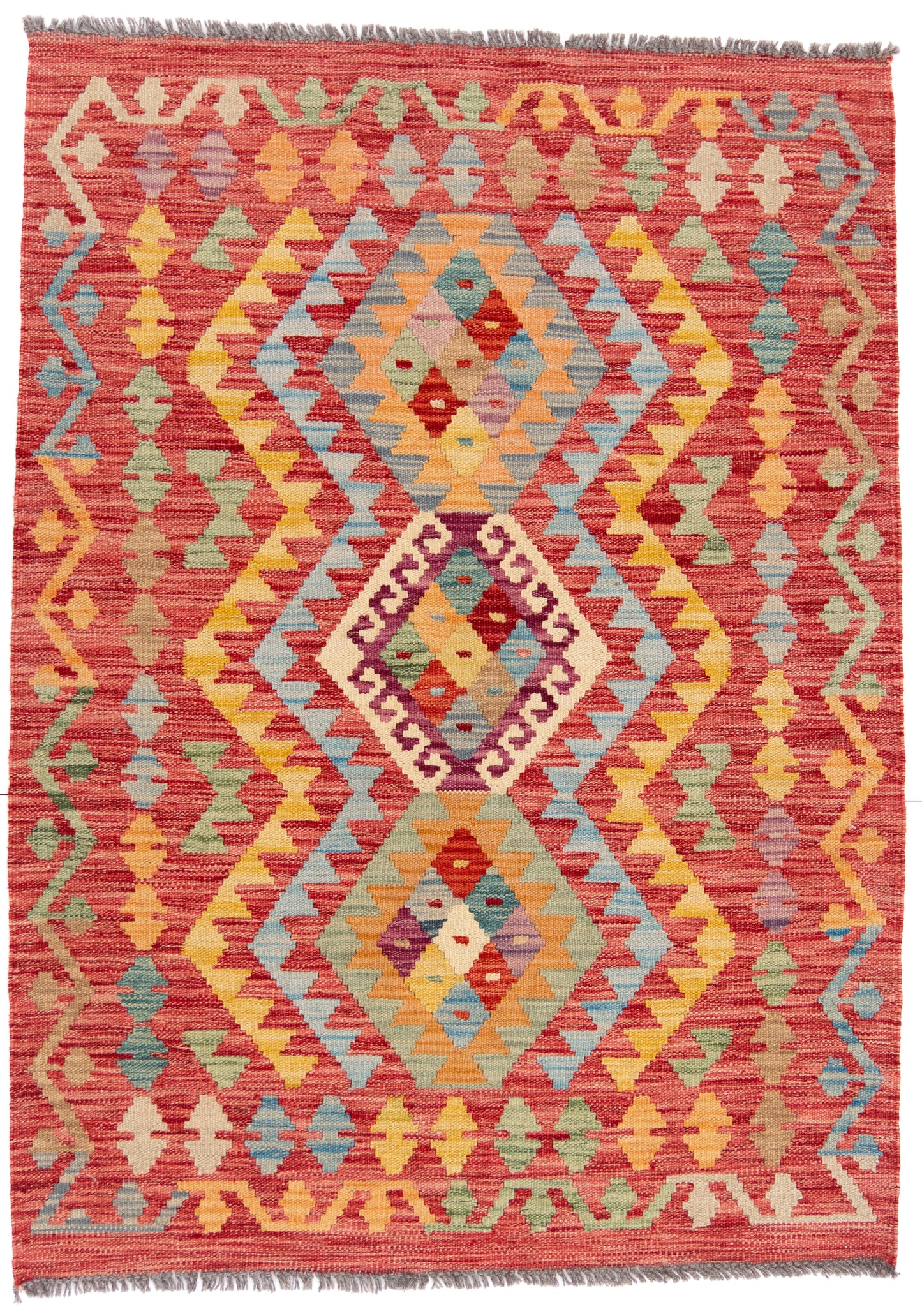 Multicoloured Red Kilim Carpet with Bright Geometric Shapes