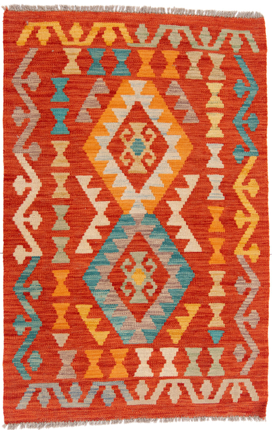 Red/Orange Kilim Carpet with Bright Geometric Shapes