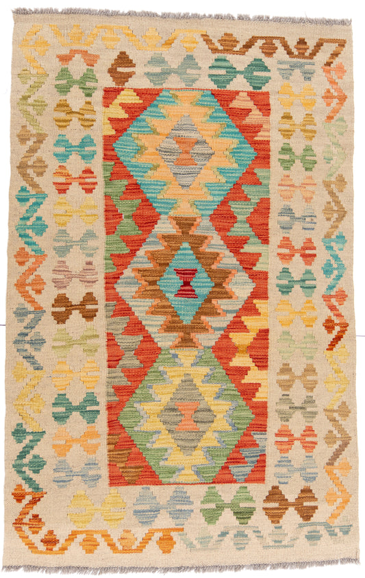 Multicoloured Beige Kilim Carpet with Bright Geometric Shapes