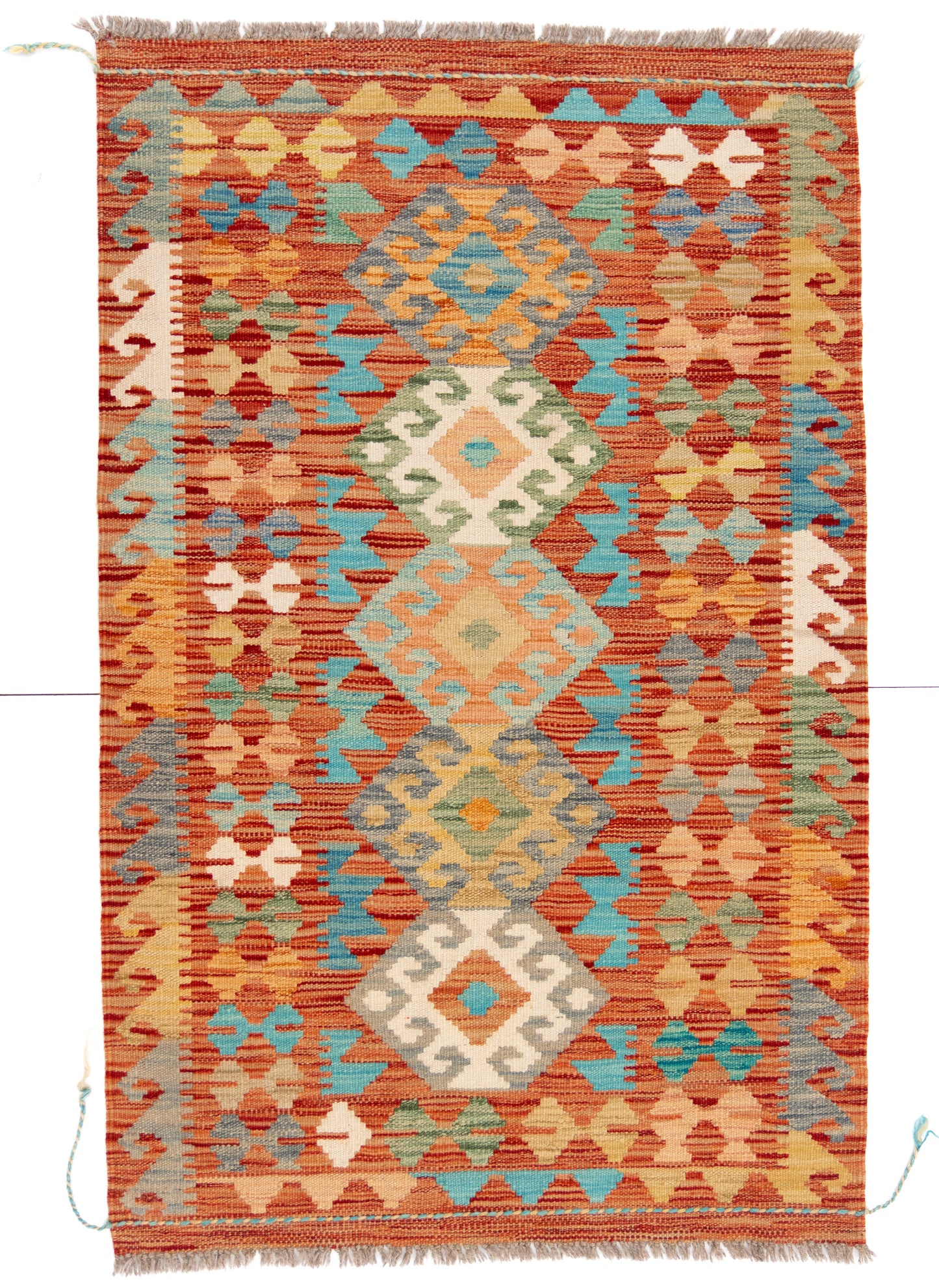 Red/Orange Kilim Carpet with Bright Geometric Shapes
