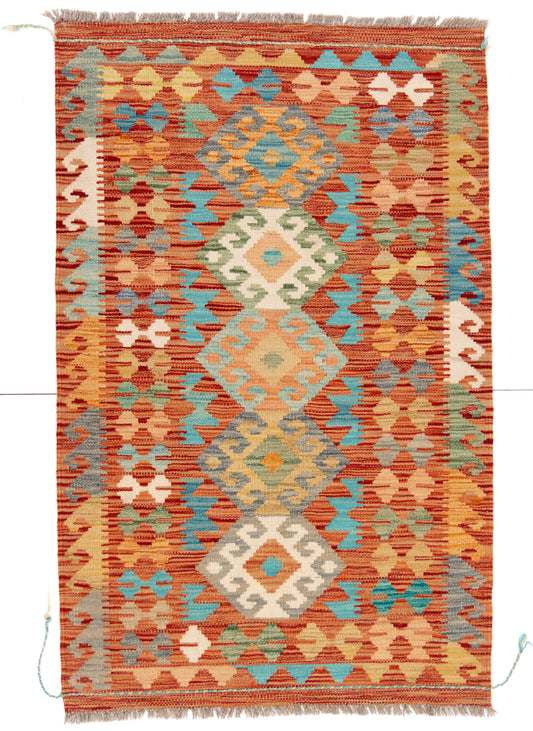Red/Orange Kilim Carpet with Bright Geometric Shapes