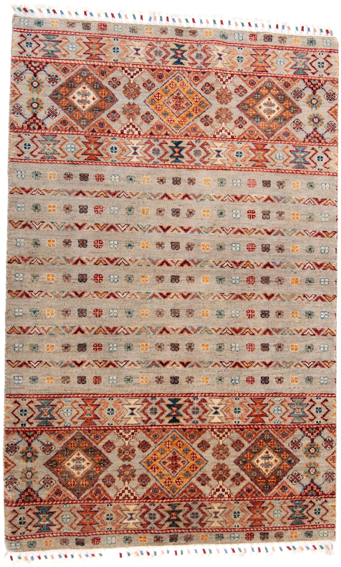 Grey Ariana Rubin Carpet with Multicoloured Tassels