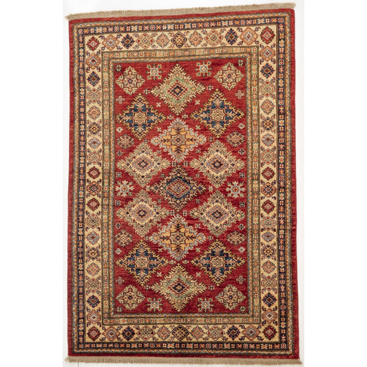 Red Kazak Carpet with Blue, Cream & Green Borders
